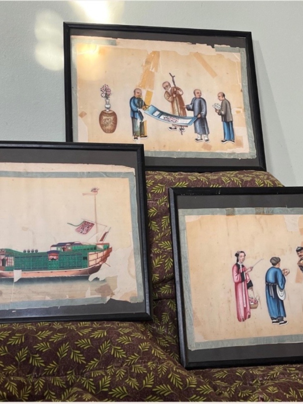 Chinese Old Paper Watercolour Painting Rice Paper Art, Set of 3 Framed Chinese